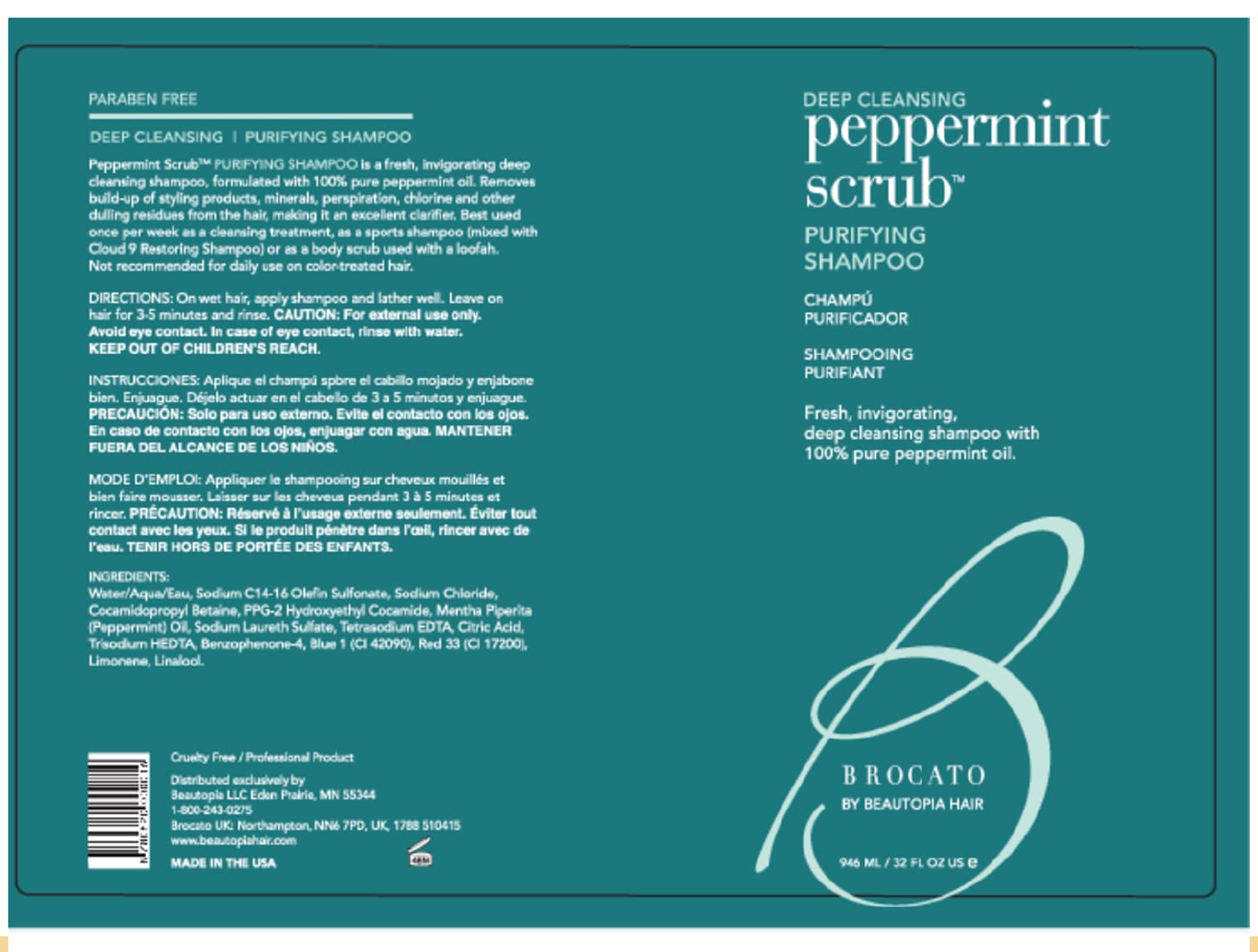 Brocato Peppermint Scrub Purifying Shampoo – Deep Clean, Peppermint Oil, 10 oz | Sulfate & Paraben Free