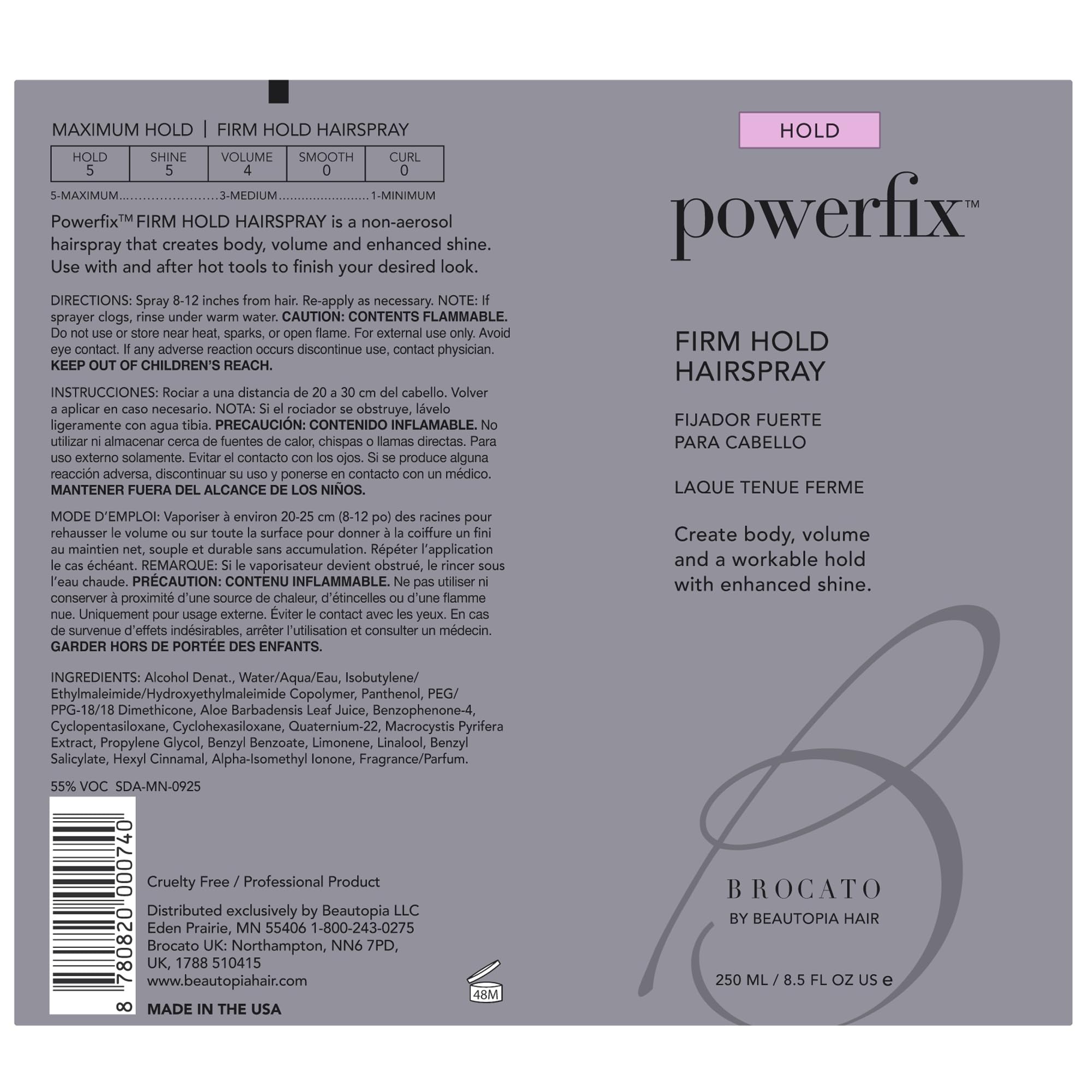 Brocato Powerfix Firm Hold Hairspray 8.5 oz | Volumizing Texture, Shine, No Buildup