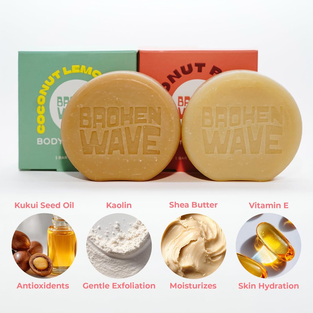 Broken Wave Natural Bar Soap for Women and Men | Hydrating, Vegan, Cruelty-Free Coconut Lemongrass & Papaya | Plastic-Free, Sulfate & Paraben Free | 2-Pack