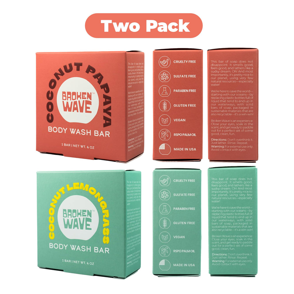 Broken Wave Natural Bar Soap for Women and Men | Hydrating, Vegan, Cruelty-Free Coconut Lemongrass & Papaya | Plastic-Free, Sulfate & Paraben Free | 2-Pack