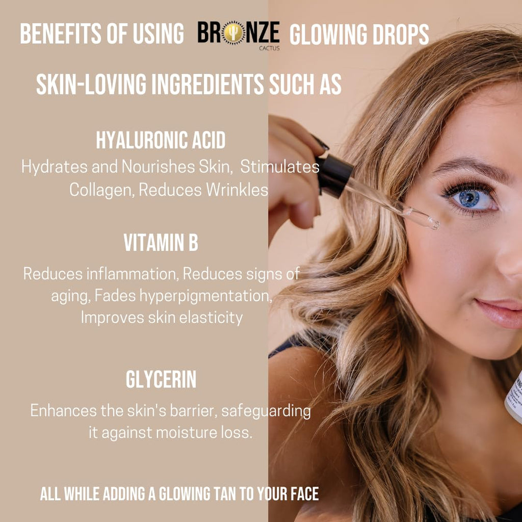 Bronze Cactus Glowing Drops – Mix-in Self Tanner with Vitamins B & E & Hyaluronic Acid | Vegan, Quick-Dry Sunless Glow for Face & Body