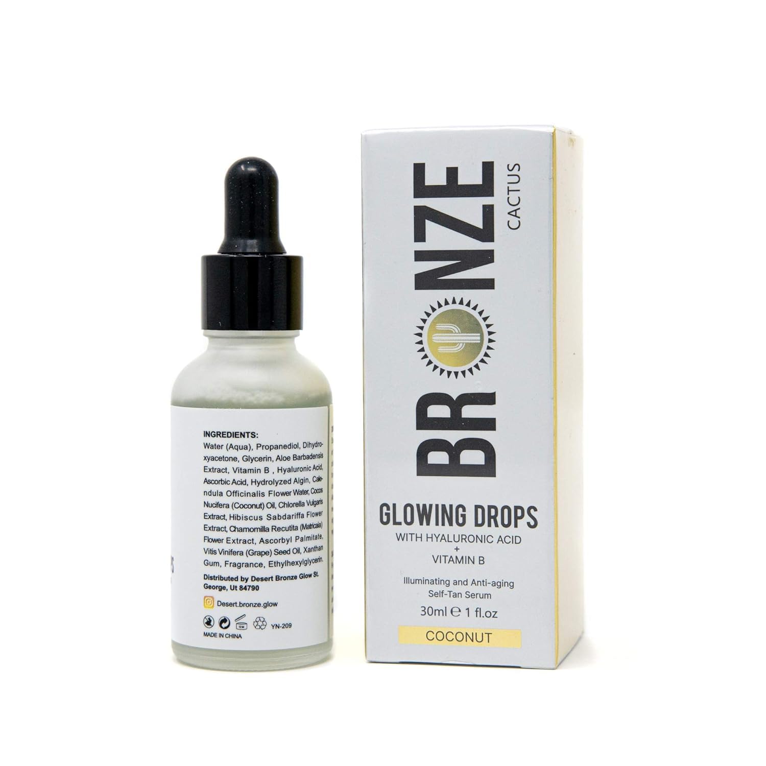 Bronze Cactus Glowing Drops – Mix-in Self Tanner with Vitamins B & E & Hyaluronic Acid | Vegan, Quick-Dry Sunless Glow for Face & Body