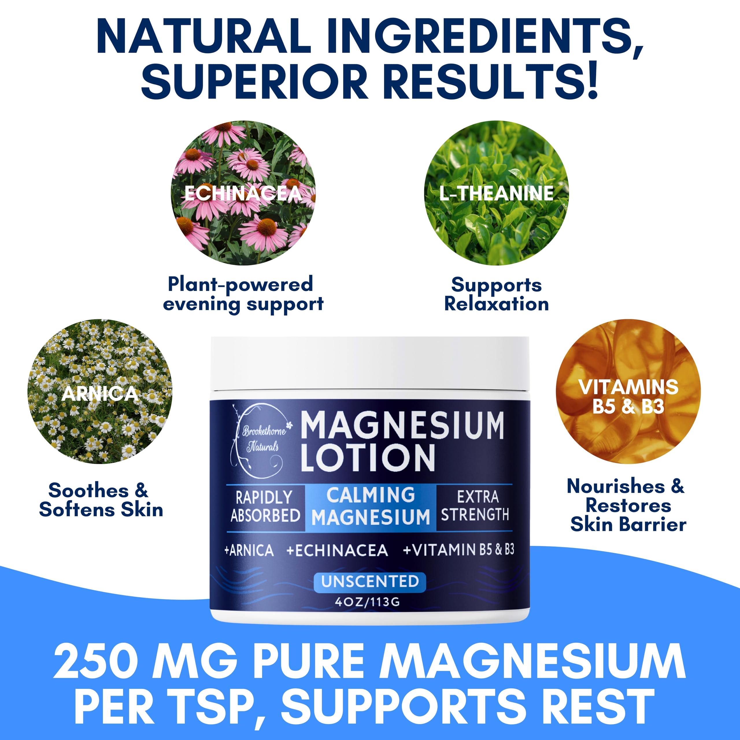 Calming Magnesium Lotion | Brookethorne Naturals – Fragrance-Free, Arnica & Echinacea, 4oz