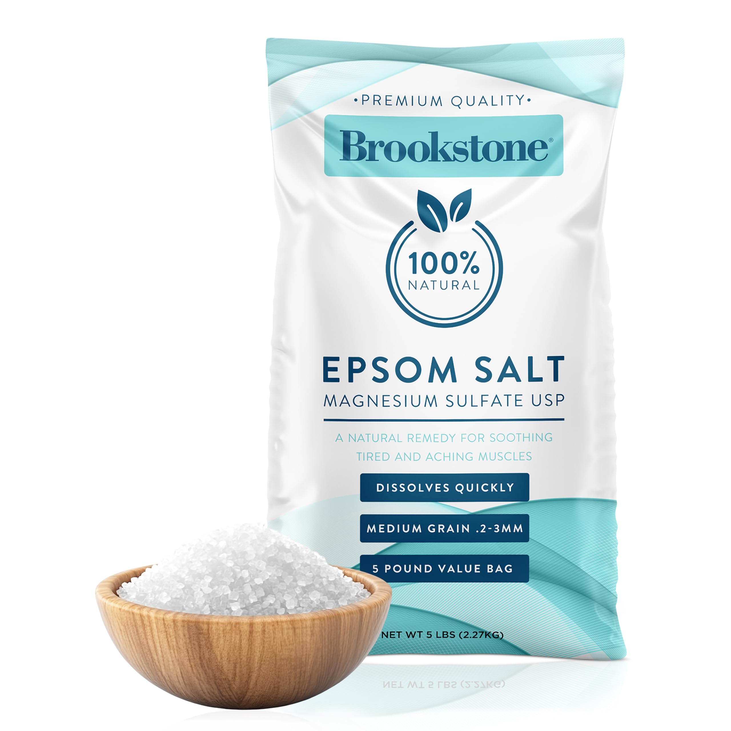Brookstone 5 lb Epsom Salt Bulk Bag – Premium USP Magnesium Sulfate, Medium Grain, Unscented Bath Salt for Soak, Foot Care, and Home Use