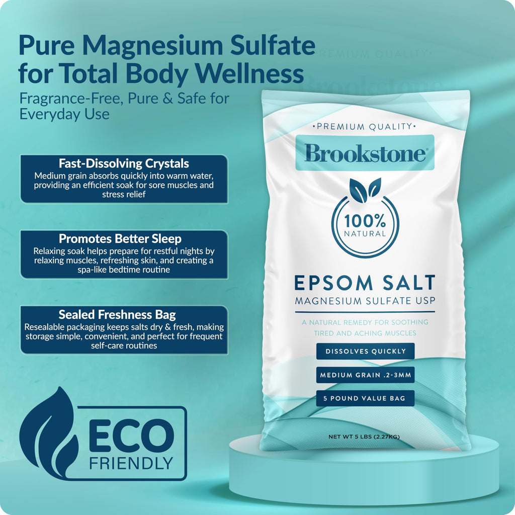 Brookstone 5 lb Epsom Salt Bulk Bag – Premium USP Magnesium Sulfate, Medium Grain, Unscented Bath Salt for Soak, Foot Care, and Home Use