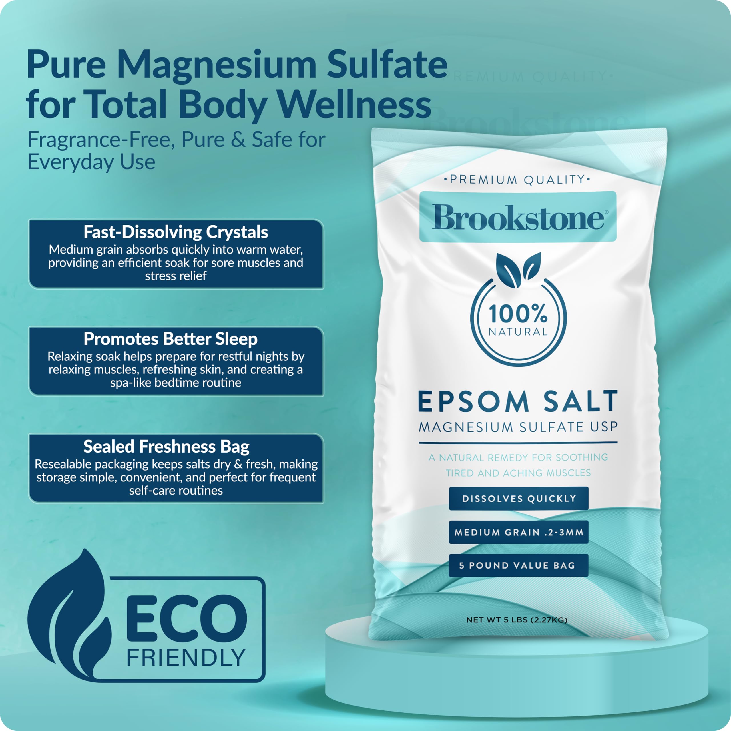 Brookstone 5 lb Epsom Salt Bulk Bag – Premium USP Magnesium Sulfate, Medium Grain, Unscented Bath Salt for Soak, Foot Care, and Home Use