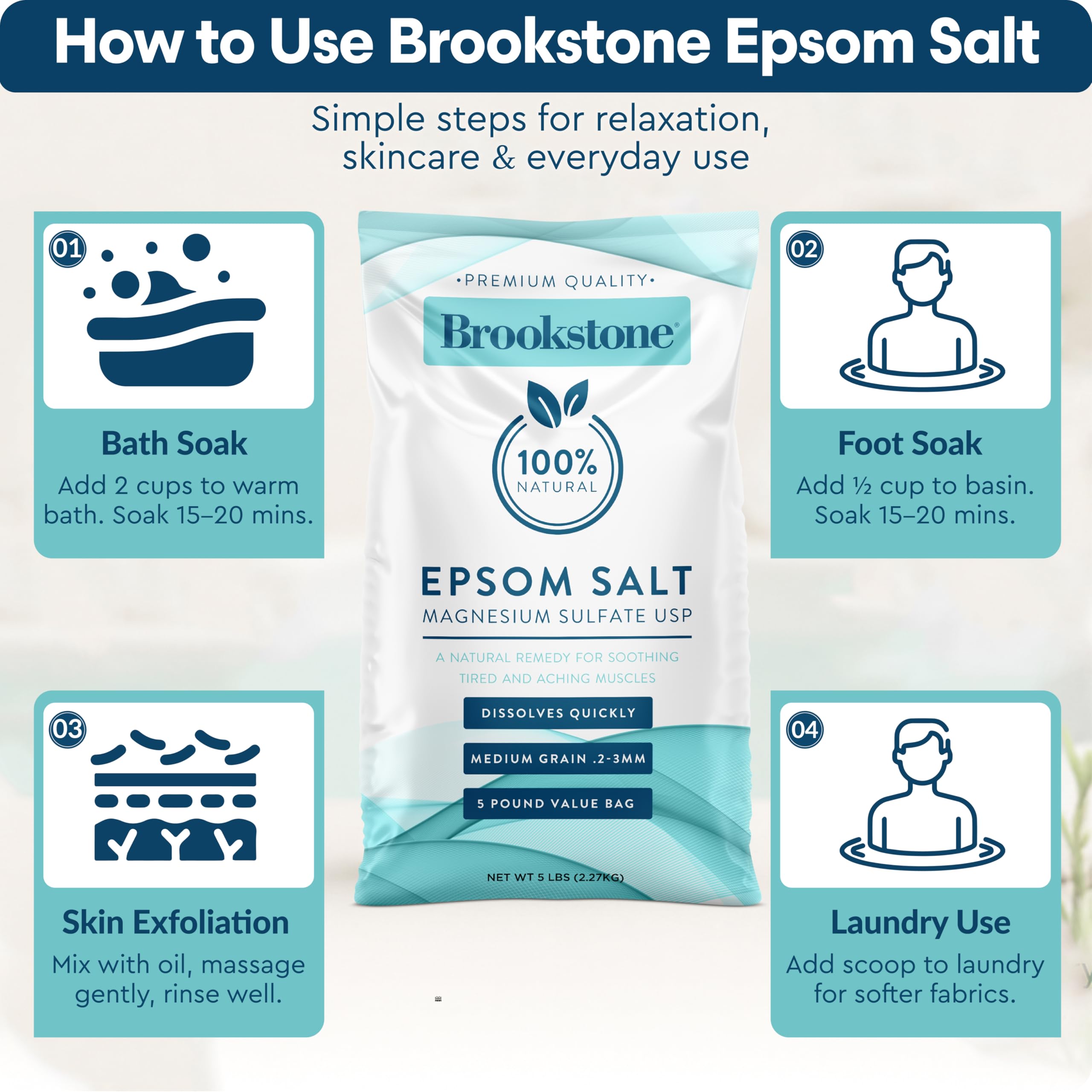 Brookstone 5 lb Epsom Salt Bulk Bag – Premium USP Magnesium Sulfate, Medium Grain, Unscented Bath Salt for Soak, Foot Care, and Home Use
