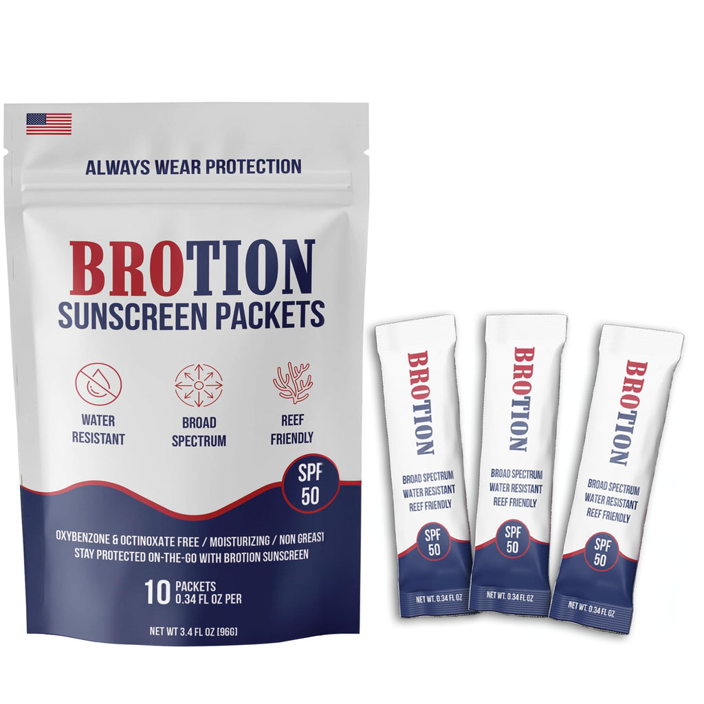 BROTION Broad Spectrum SPF 50 Travel Size Sunscreen Packets – Water Resistant, Oxybenzone & Octinoxate Free (0.34 oz x10)