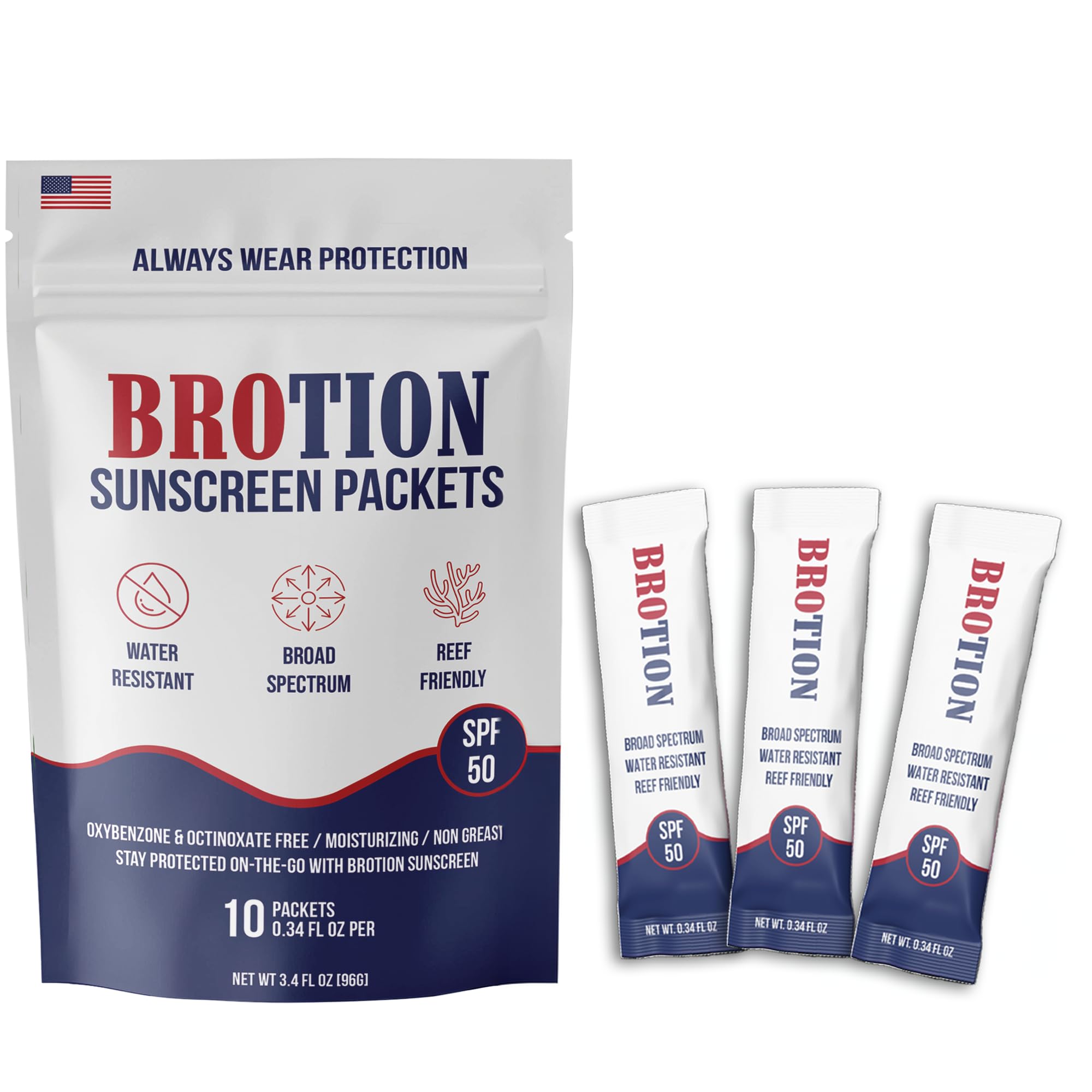 BROTION Broad Spectrum SPF 50 Travel Size Sunscreen Packets – Water Resistant, Oxybenzone & Octinoxate Free (0.34 oz x10)