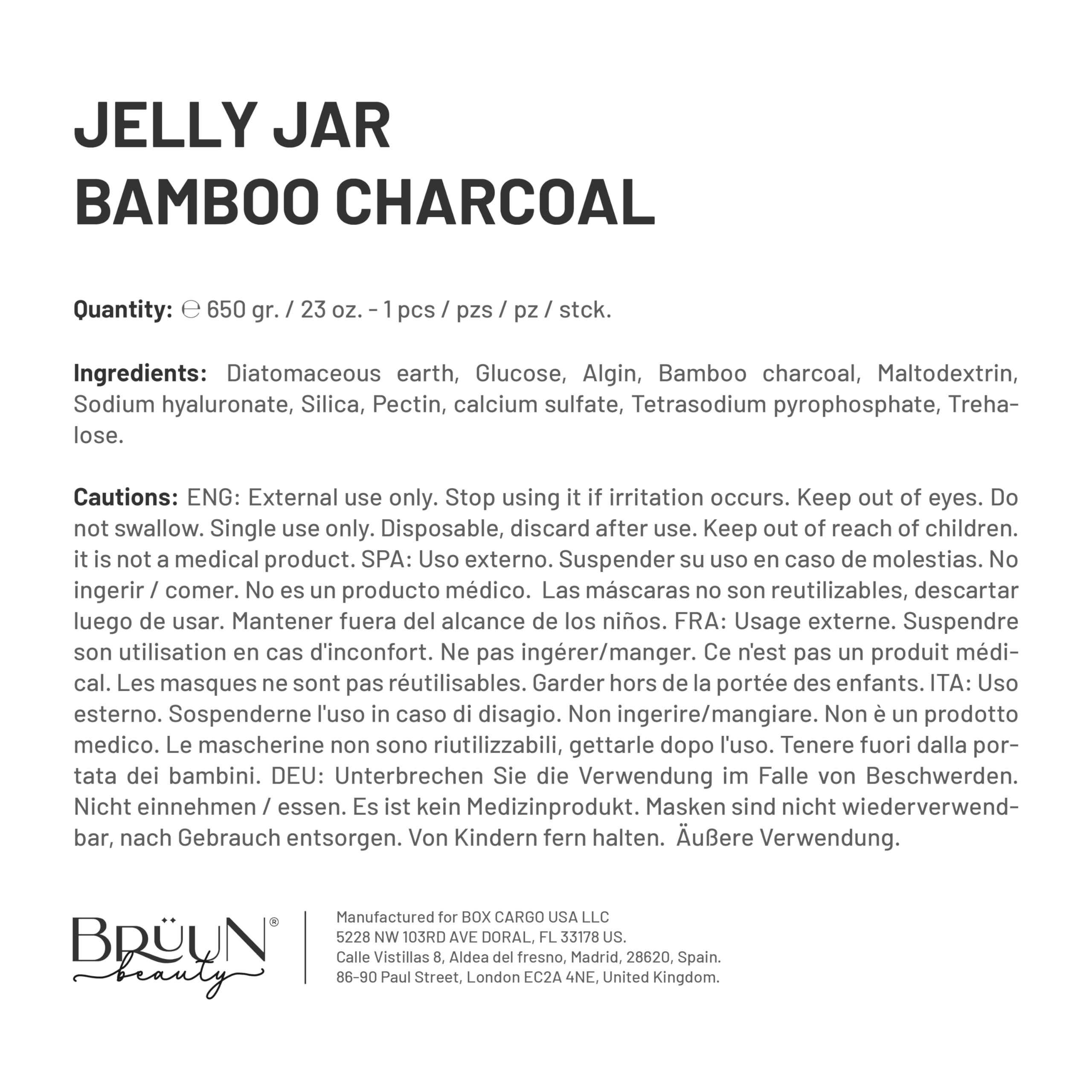 BRÜUN Jelly Mask Jar Bamboo Charcoal Peel-Off | 23 oz Spa Set for Full-Face Care