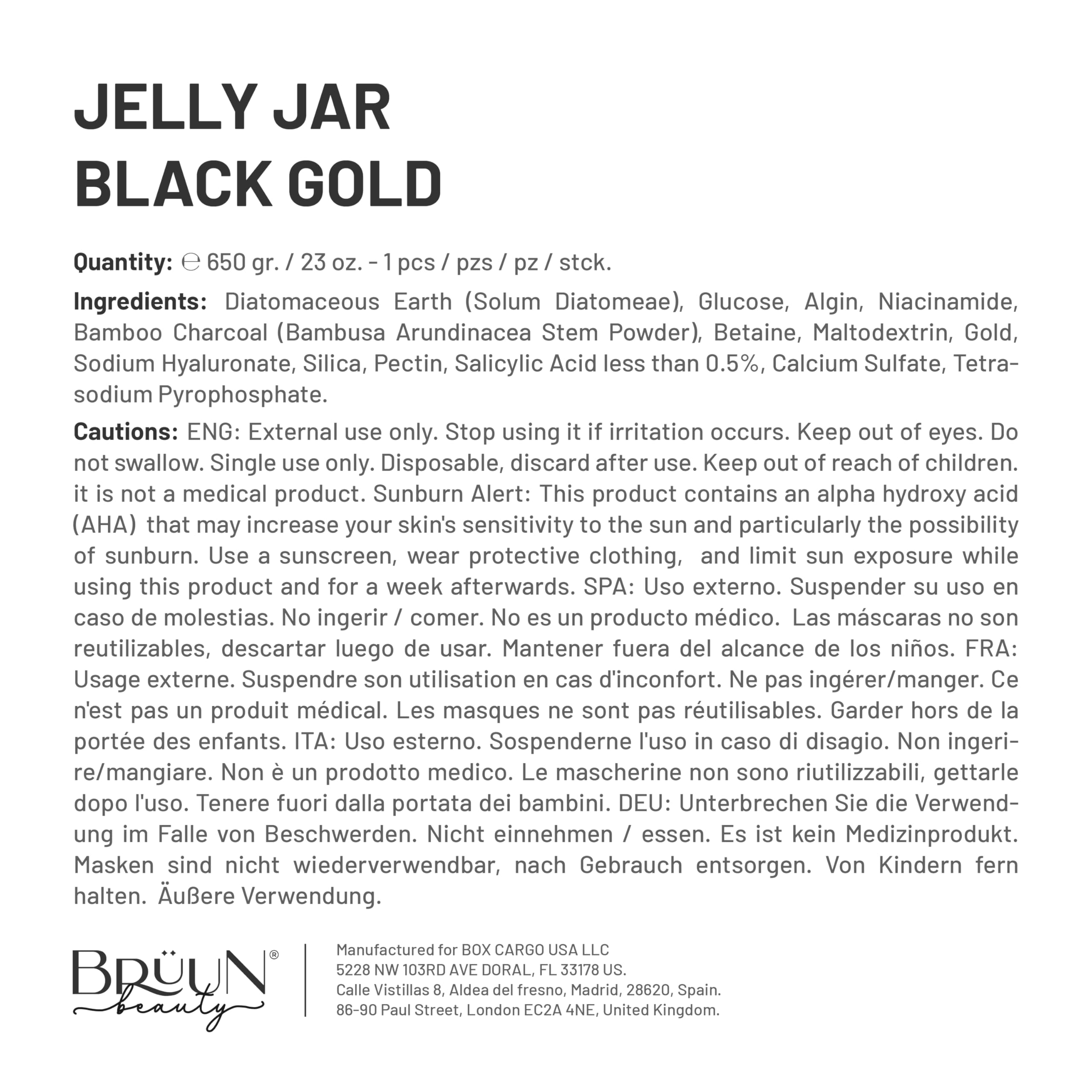 BRÜUN Jelly Mask Jar Black Gold – Peel-Off Gel Mask, 23 fl oz Spa Set