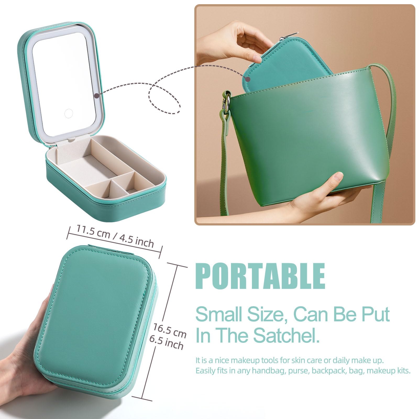 BS-MALL Travel Cosmetic Mirror Case with LED Light — Portable On-the-Go Makeup Storage (Green)