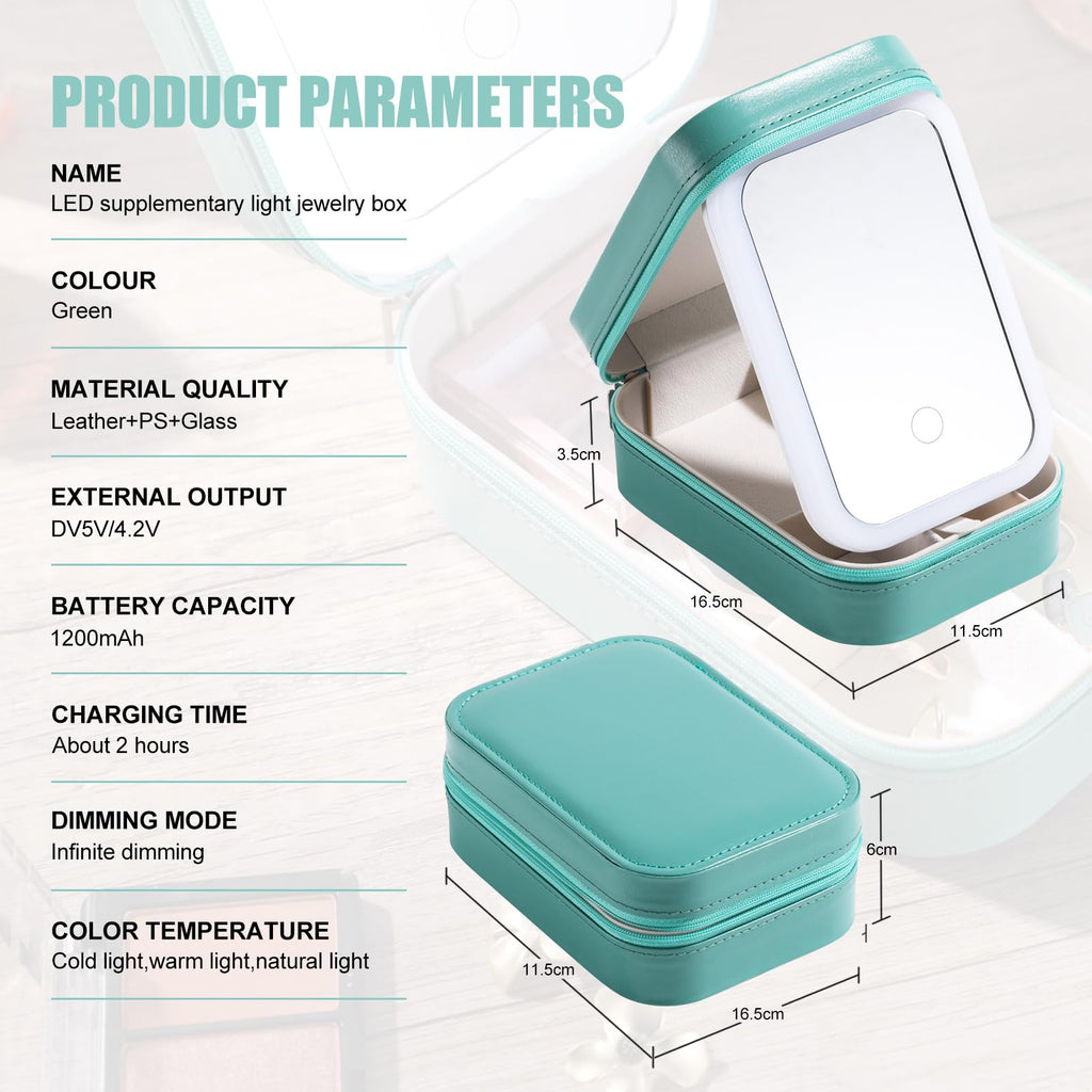 BS-MALL Travel Cosmetic Mirror Case with LED Light — Portable On-the-Go Makeup Storage (Green)