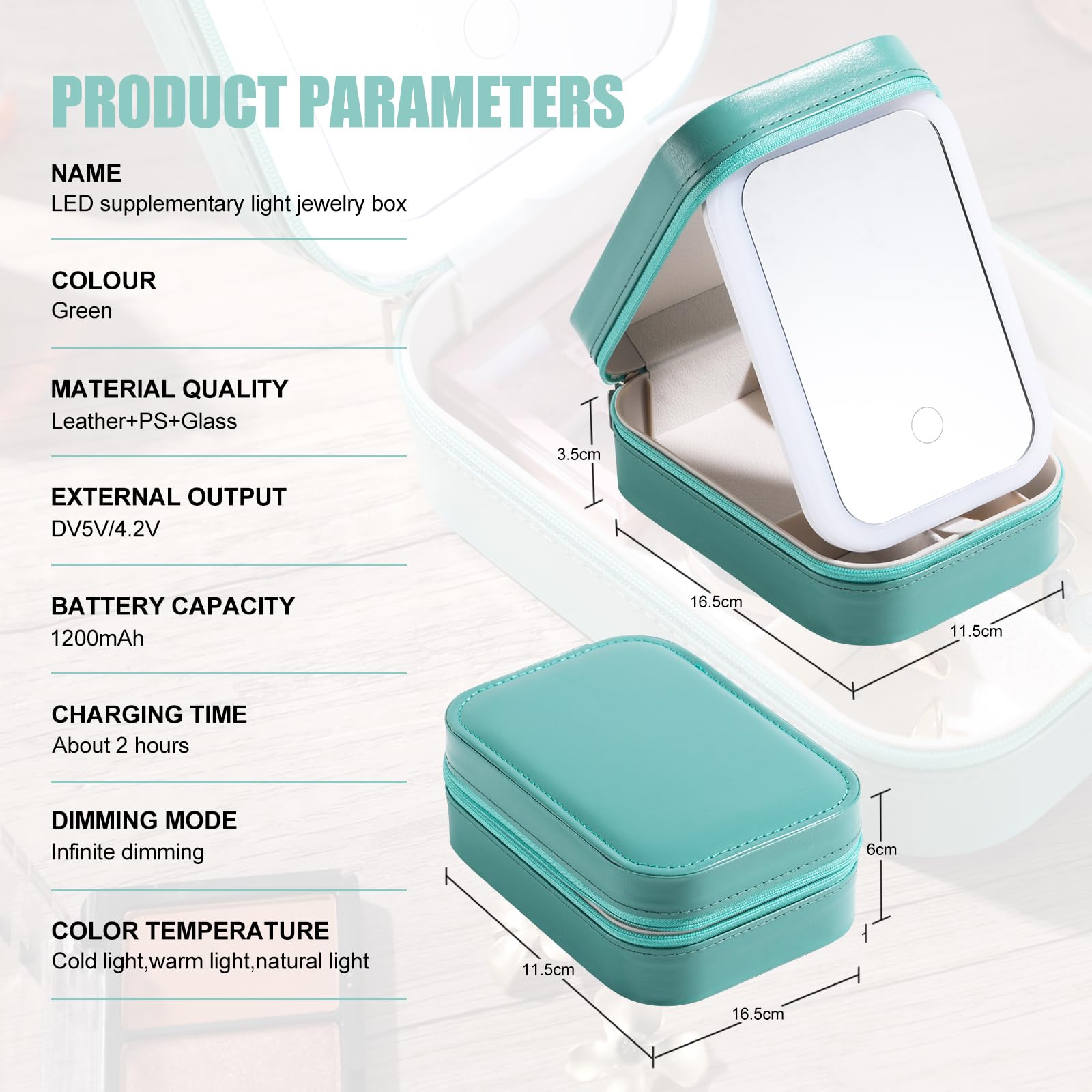 BS-MALL Travel Cosmetic Mirror Case with LED Light — Portable On-the-Go Makeup Storage (Green)