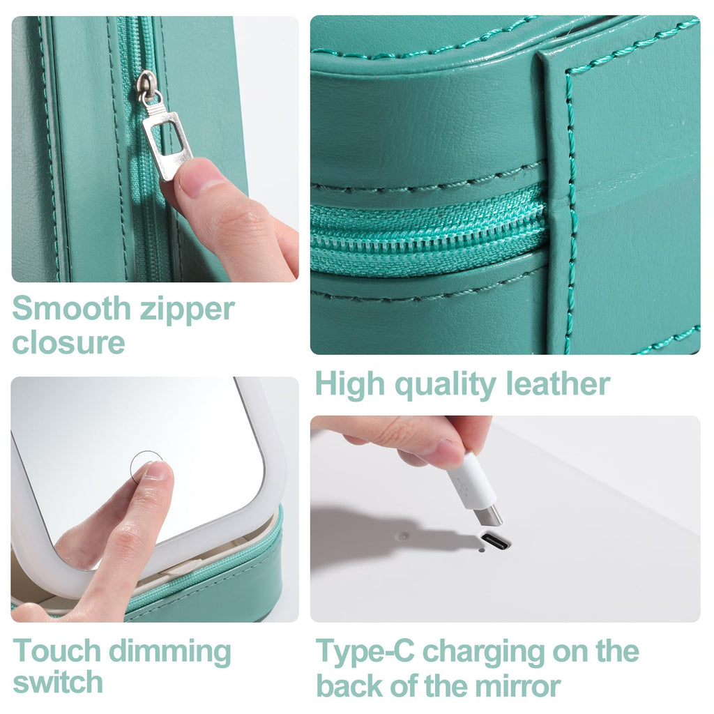 BS-MALL Travel Cosmetic Mirror Case with LED Light — Portable On-the-Go Makeup Storage (Green)