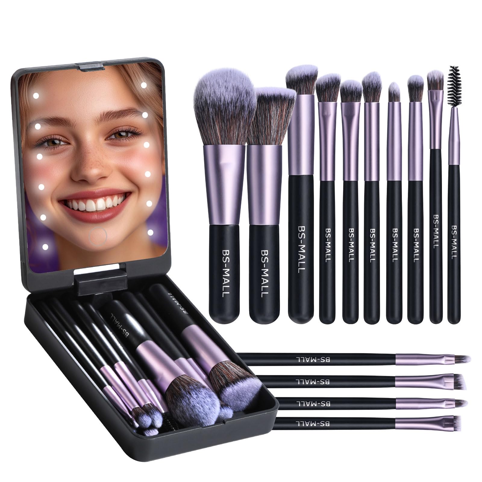 BS-MALL Travel Makeup Brush Set (14 Pcs) with LED Light Mirror — Purple Case