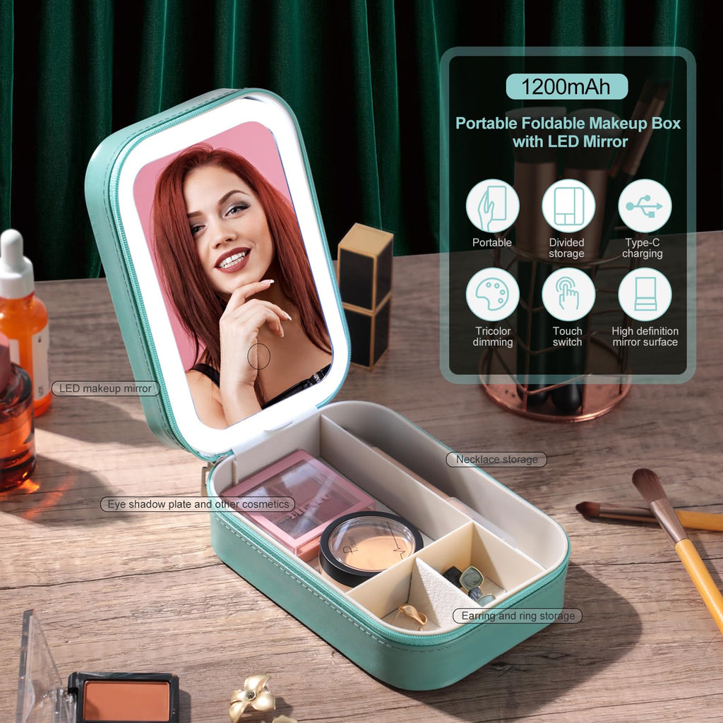 BS-MALL Travel Cosmetic Mirror Case with LED Light — Portable On-the-Go Makeup Storage (Green)