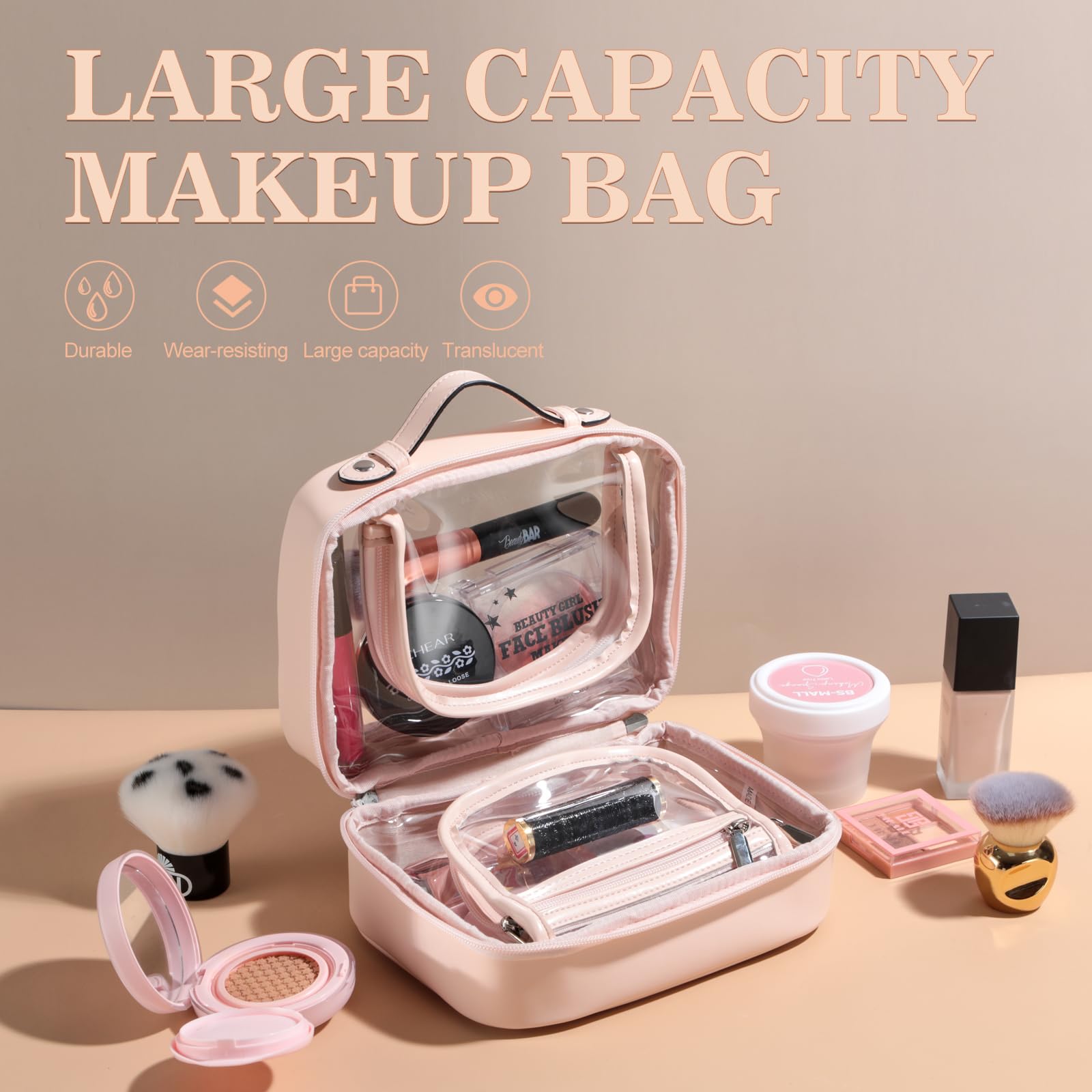 BS-MALL Travel Toiletry Bag - Premium Large Capacity, Multiple Compartments, Durable Pink Design
