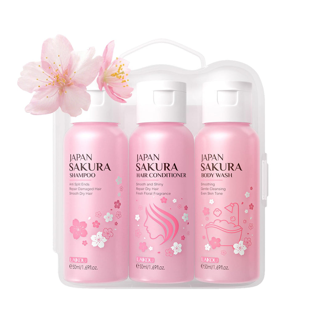 BSMKCL Travel Size Sakura Mini Kit – 3pc Bath & Hair Care Set with Vitamin C