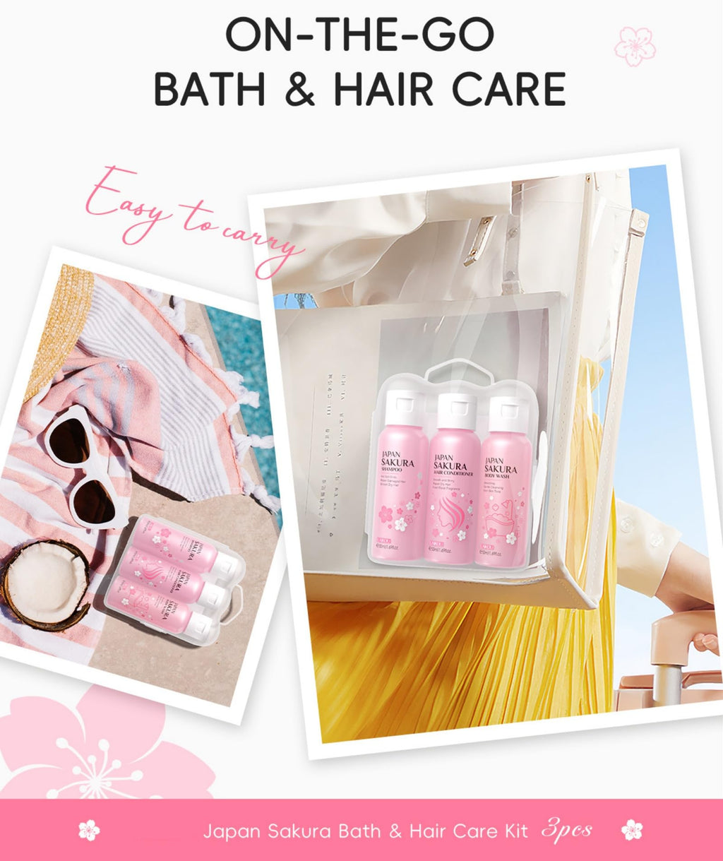 BSMKCL Travel Size Sakura Mini Kit – 3pc Bath & Hair Care Set with Vitamin C