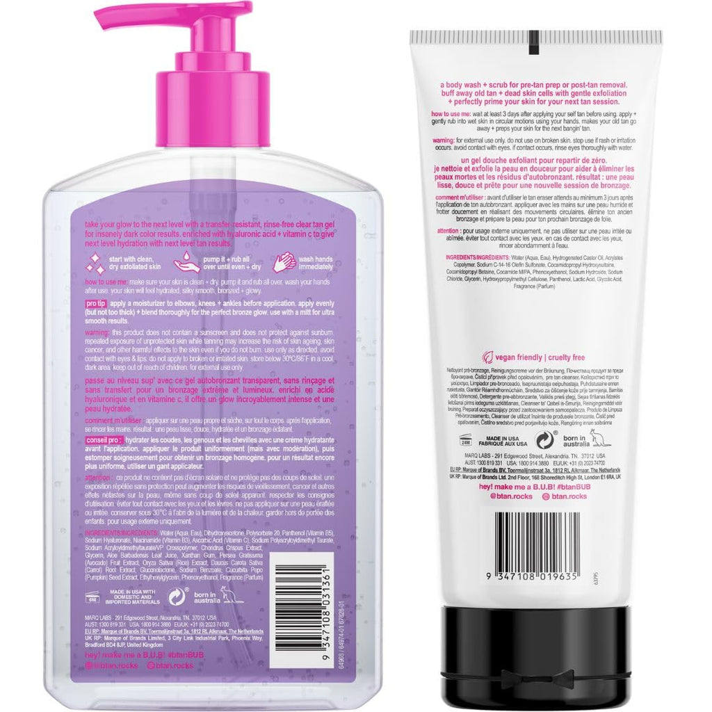 B.TAN Clear Self Tanning Gel & Exfoliating Kit | 1-Hour Express, Transfer-Resistant Ultra Dark Tan | Mitt Included