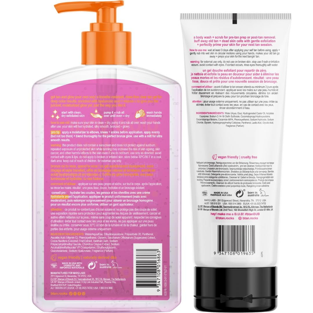 B.TAN Clear Self Tanning Gel & Exfoliating Kit | 1 Hour Express, Transfer-Resistant Dark Tan Bundle