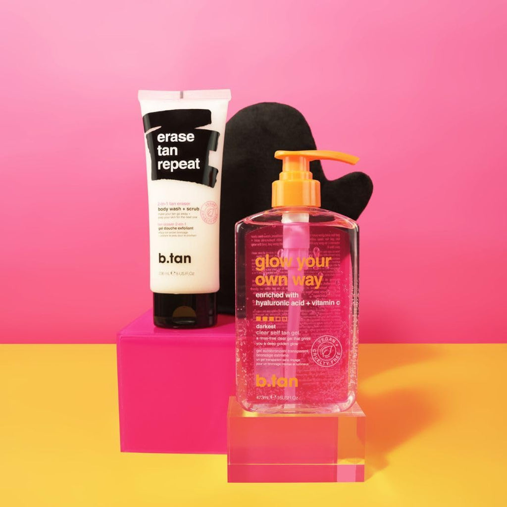 B.TAN Clear Self Tanning Gel & Exfoliating Kit | 1 Hour Express, Transfer-Resistant Dark Tan Bundle