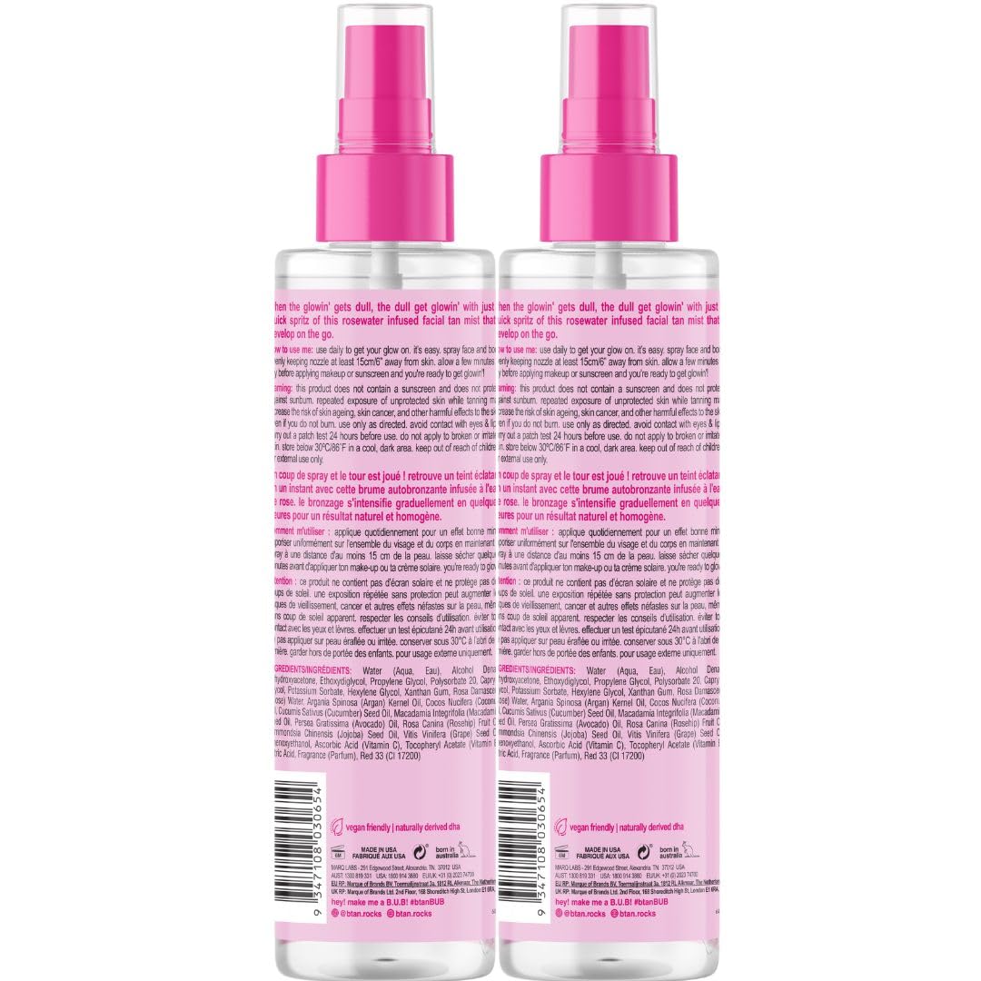 B.TAN Clear Face Tan Mist Bundle – Rosewater Facial Tanner, Buildable Glow, 6.7 fl oz x2