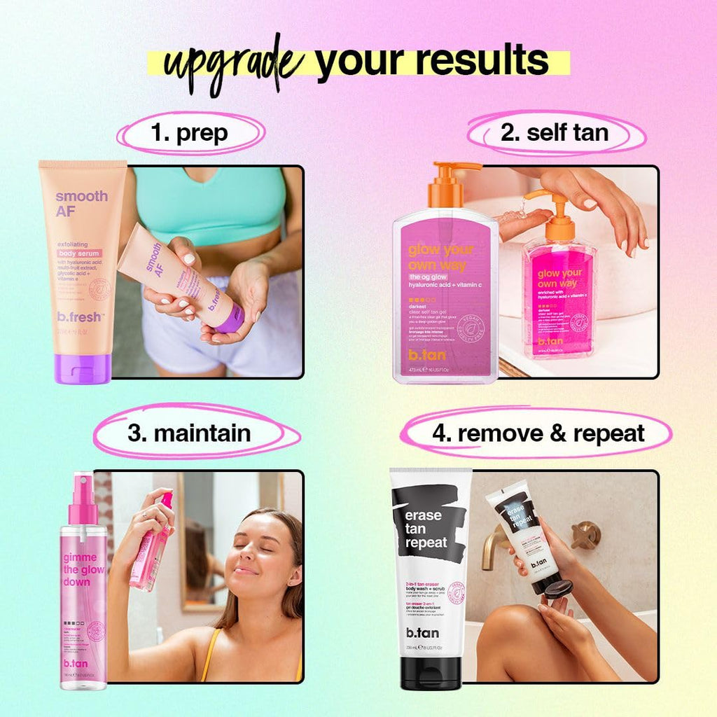 B.TAN Clear Self Tanning Gel & Exfoliating Kit | 1 Hour Express, Transfer-Resistant Dark Tan Bundle
