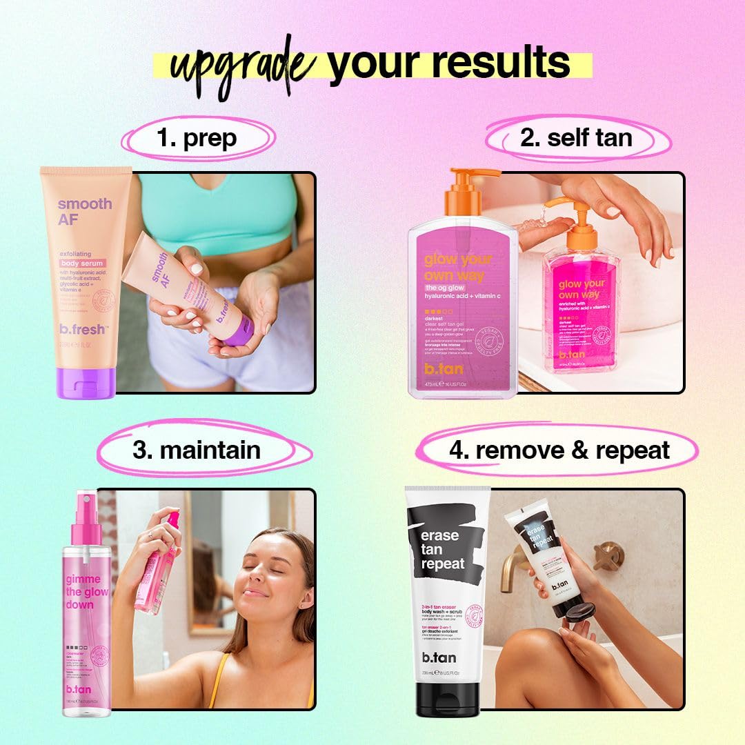 B.TAN Clear Self Tanning Gel & Exfoliating Kit | 1 Hour Express, Transfer-Resistant Dark Tan Bundle