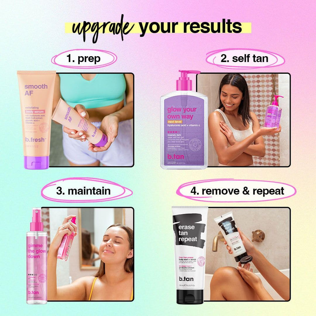 B.TAN Clear Self Tanning Gel & Exfoliating Kit | 1-Hour Express, Transfer-Resistant Ultra Dark Tan | Mitt Included