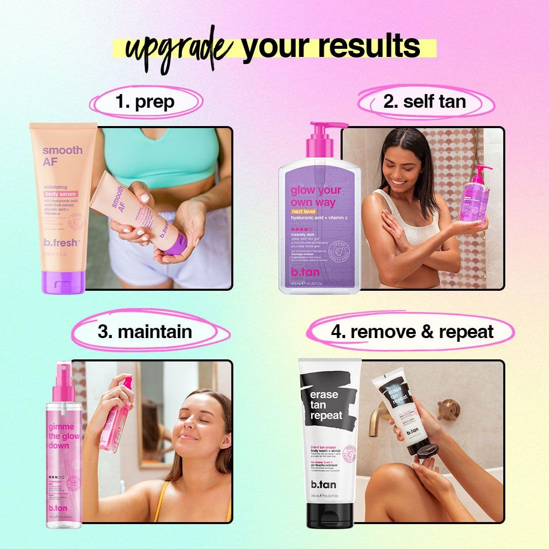 B.TAN Clear Self Tanning Gel & Exfoliating Kit | 1-Hour Express, Transfer-Resistant Ultra Dark Tan | Mitt Included