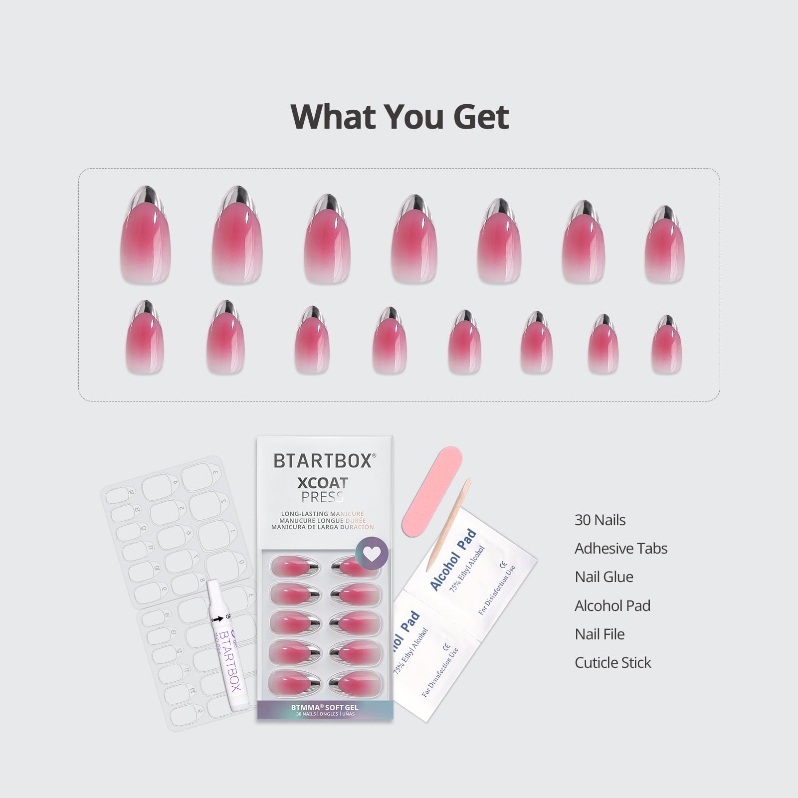 BTArtbox French Tip Press On Nails – Lamp-Curable Blush Pink Almond, 30-Piece Kit