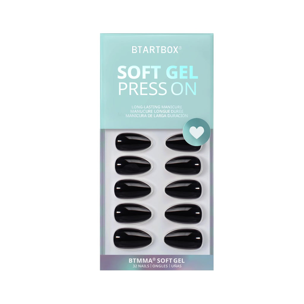 BTArtbox Black Velvet Almond Press On Nails | Soft Gel Kit, 16 Sizes, Quick Salon-Style Nails