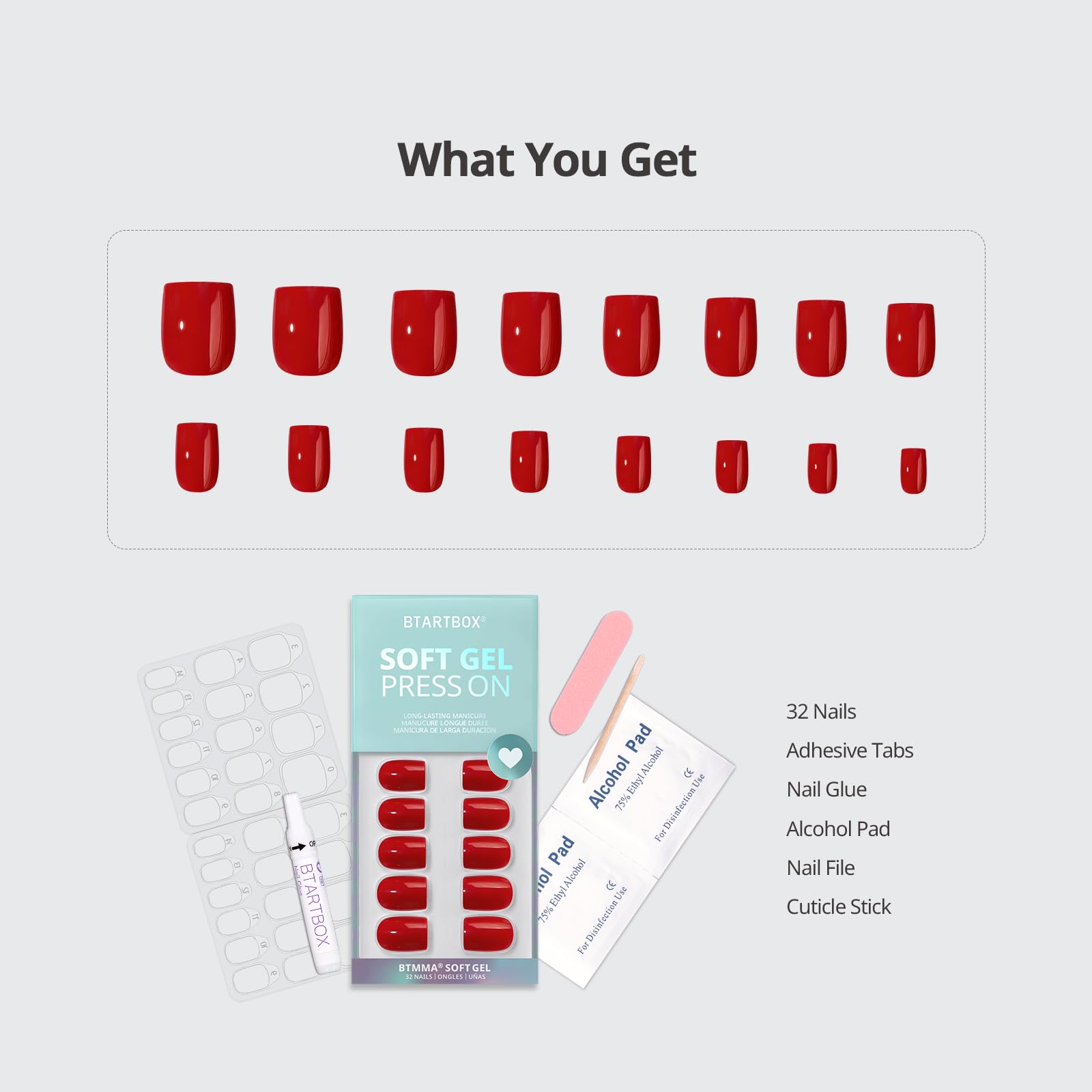 BTArtbox Press On Nails Short - Red Square Valentines Kit, 32 Nails, 16 Sizes, Glue Included