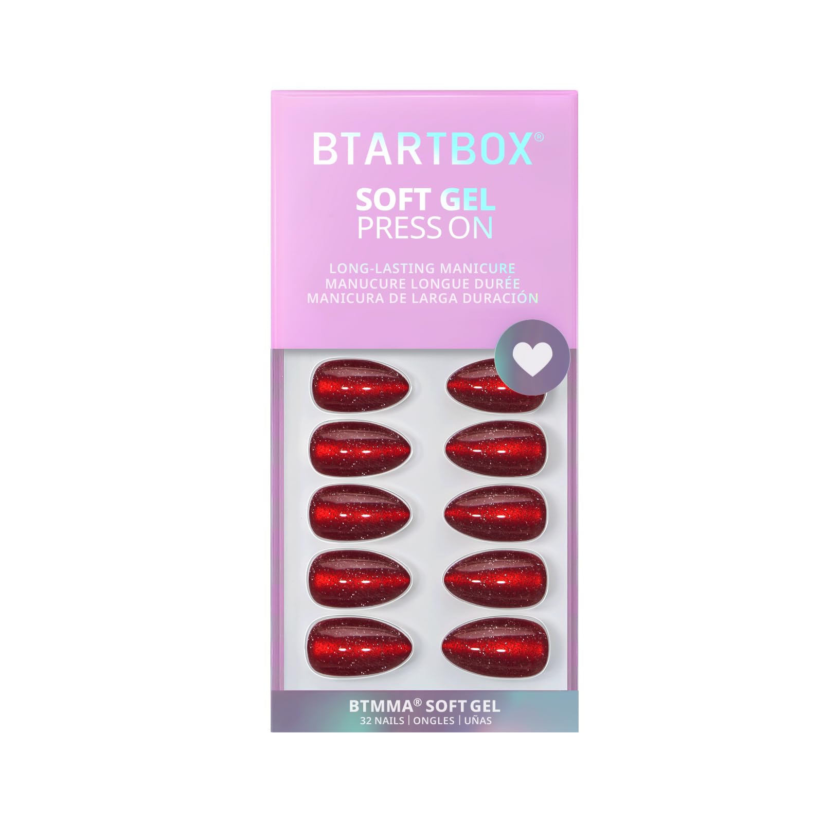BTArtbox Press On Nails Short - New Red Sparkle Almond Kit with Glue & Tabs (32 Nails, 16 Sizes)