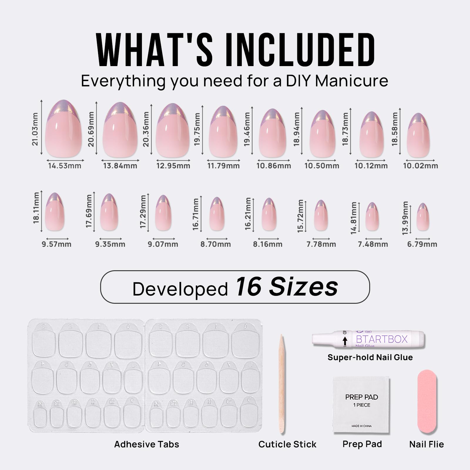 BTArtbox French Tip Press On Nails Almond – Short Gel Nails in Chrome Silver Finish, 16 Sizes