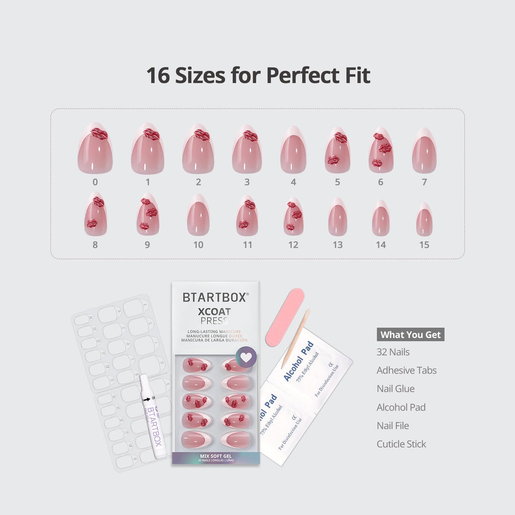BTArtbox French Tip Press On Nails - 3D Red Lips, Lamp-Curable Date Night Kit
