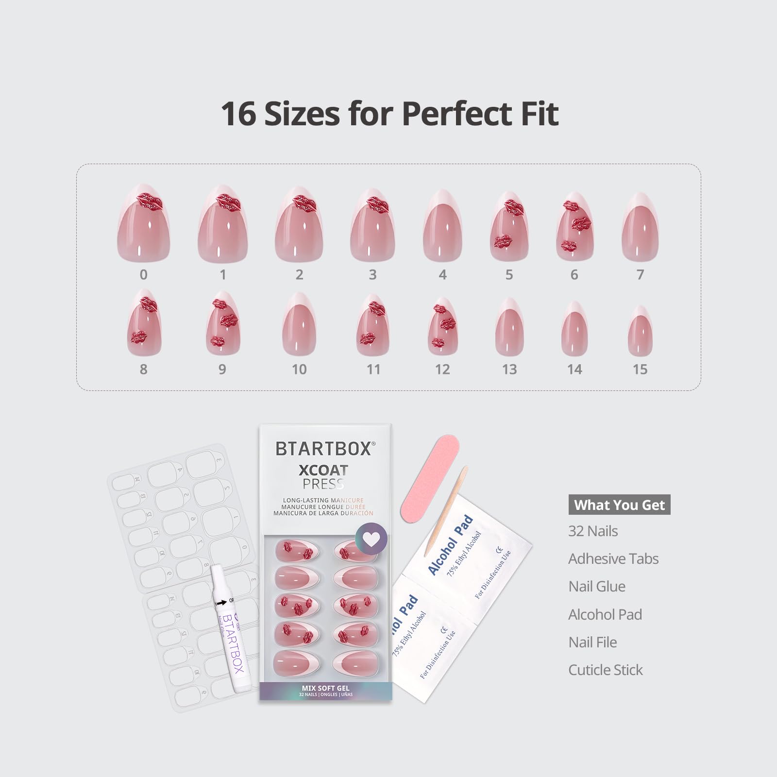 BTArtbox French Tip Press On Nails - 3D Red Lips, Lamp-Curable Date Night Kit
