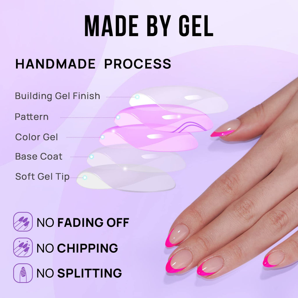 BTArtbox French Tip Press On Nails Almond – Hot Pink Berry French Short Gel Nails Kit (16 Sizes, 32 Nails)