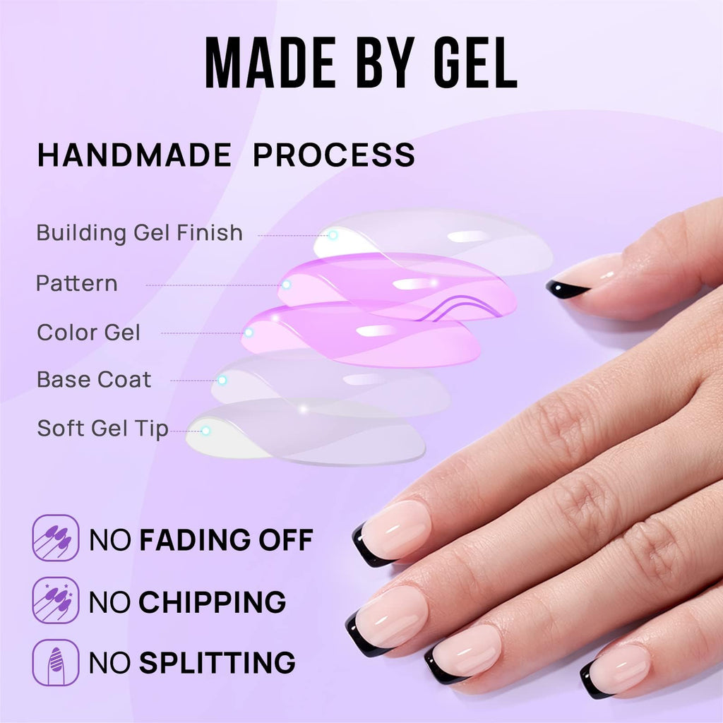 BTArtbox French Tip Press On Nails – Jelly Square Semi-Transparent Nails with Glue, 30 PCS, Classic Black