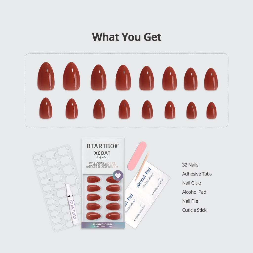 BTArtbox Press On Nails Short Almond – Tea Brown Hue, 32-Piece Kit with Gel Glue