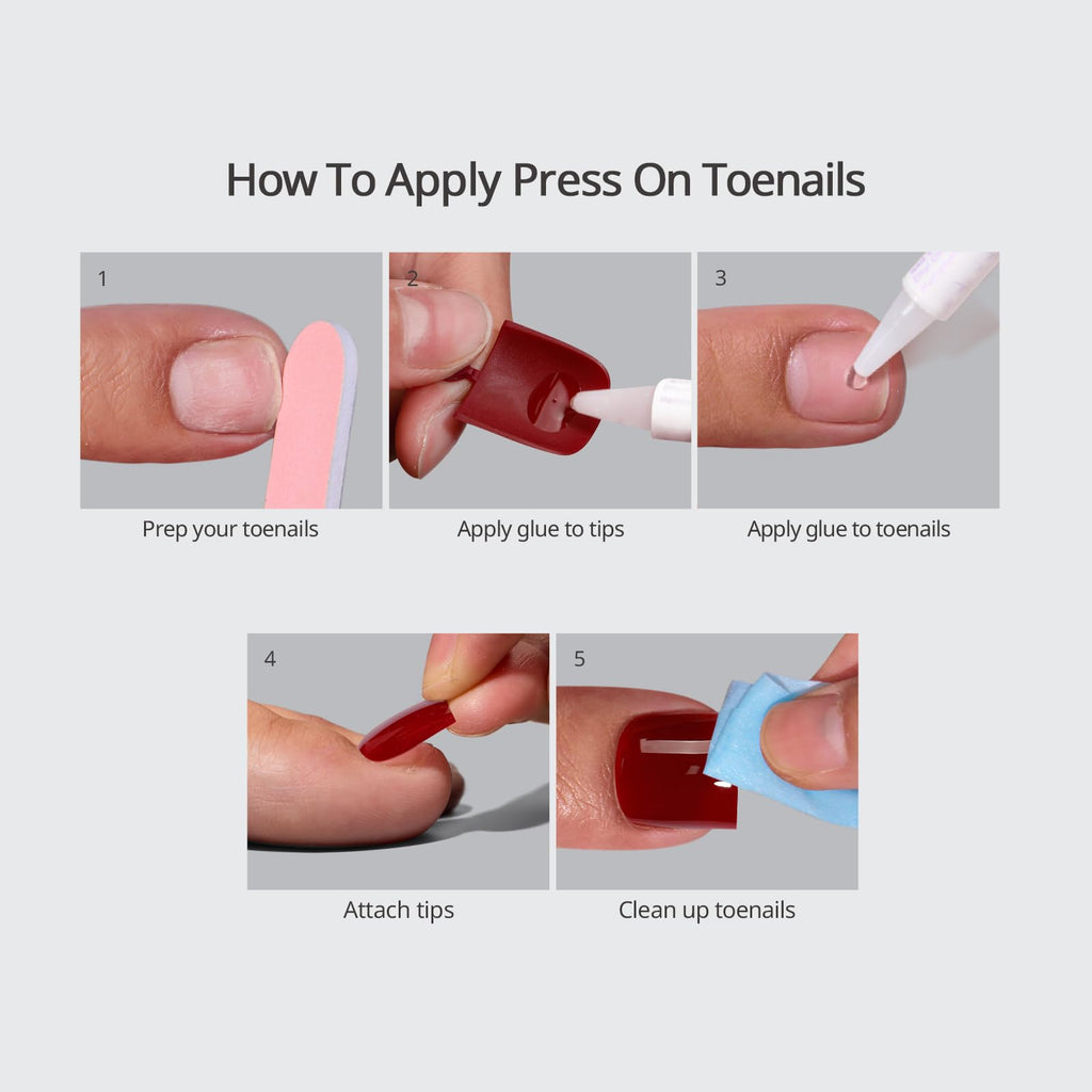 BTArtbox Press On Toenails - Sharp Square Pearl Chrome, 30-Nail Kit with Glue (Six Sizes)