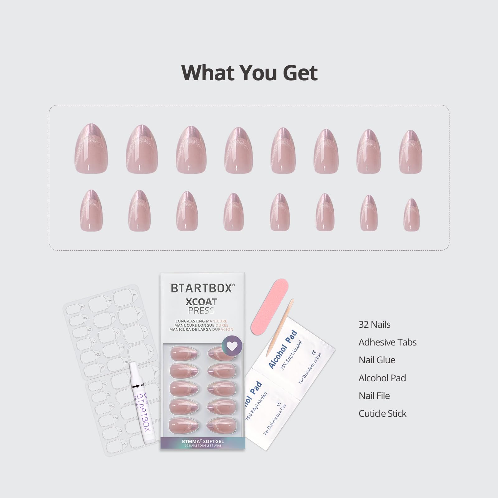 BTArtbox Almond Press On Nails – Diamond Dust Cat Eye Chrome Tips, 32 Nails, 16 Sizes