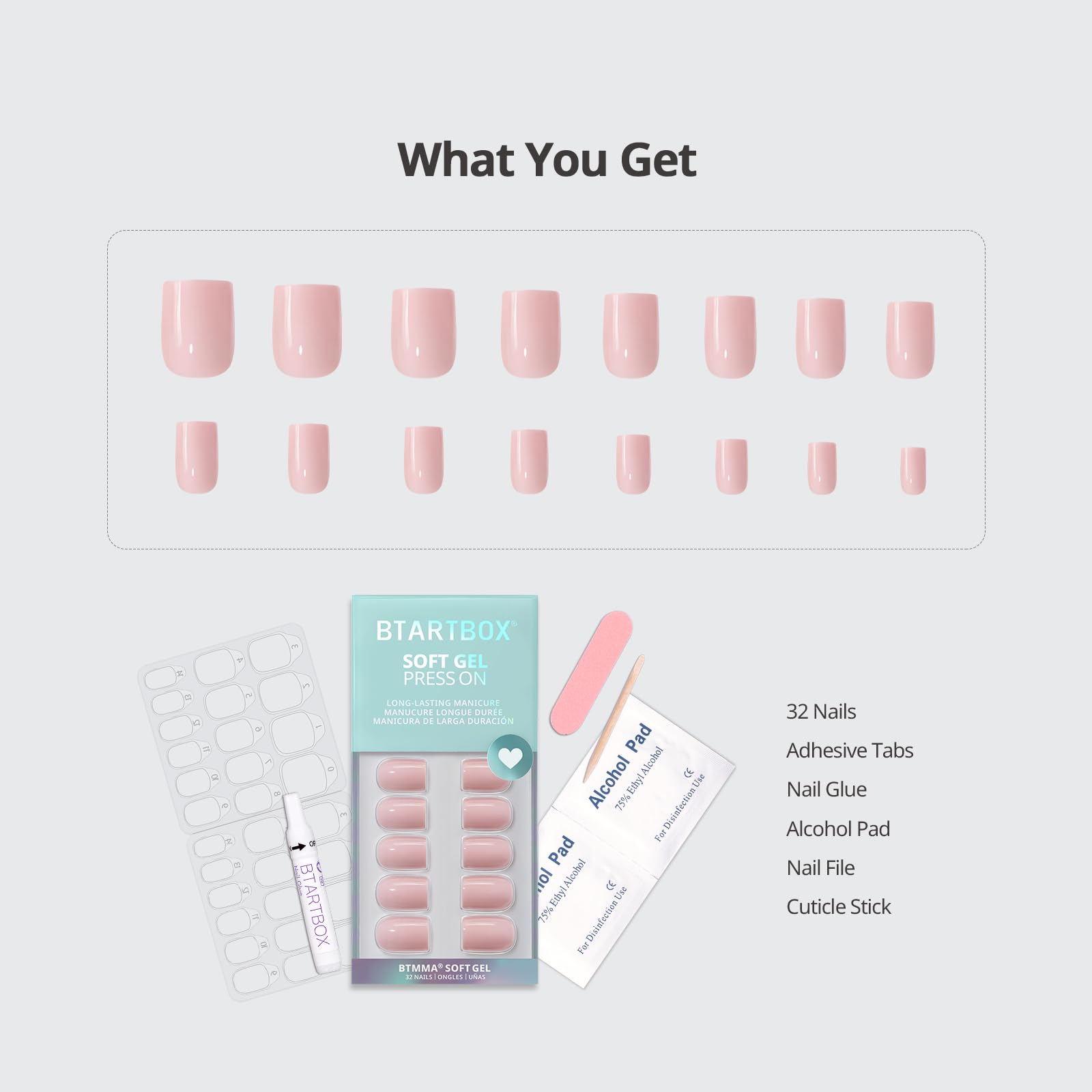 BTArtbox Press On Nails Square – Pastel Pink Short, 32 Nails Kit with Glue for Women, 16 Sizes