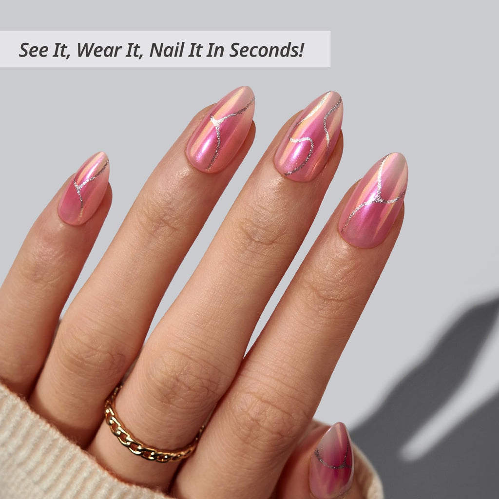 BTArtbox Press On Nails Almond - Neon Gradient Pink Chrome (Short) | 32-Count Glue On Nails Kit