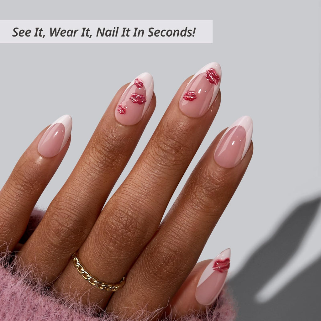 BTArtbox French Tip Press On Nails - 3D Red Lips, Lamp-Curable Date Night Kit