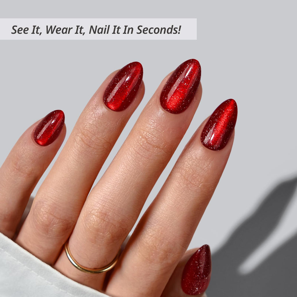BTArtbox Press On Nails Short - New Red Sparkle Almond Kit with Glue & Tabs (32 Nails, 16 Sizes)