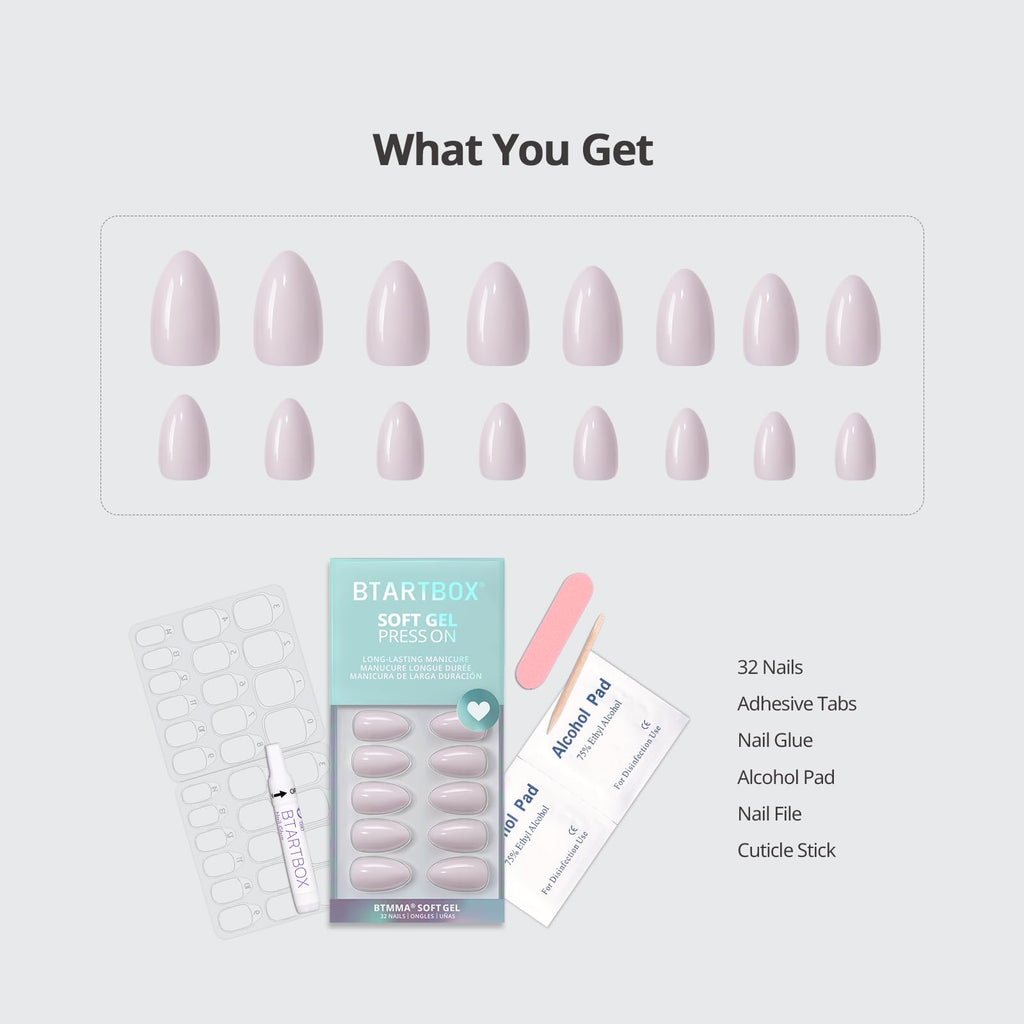 BTArtbox Almond Press On Nails – Pastel Purple Short Kit with Glue (32 Nails, 16 Sizes) Satin Memo