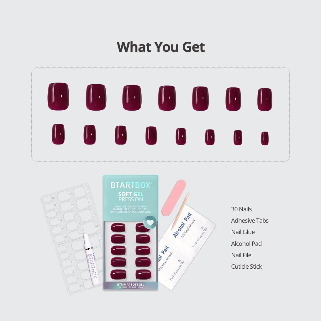BTArtbox Press On Nails Short Plum Red Squoval – Glue Included, 30-Nail Kit (Blackberry)